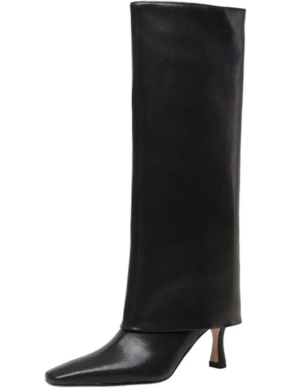 Women's Black Stiletto Heel Knee High Boots Square Toe Slip On Fold Over Boots